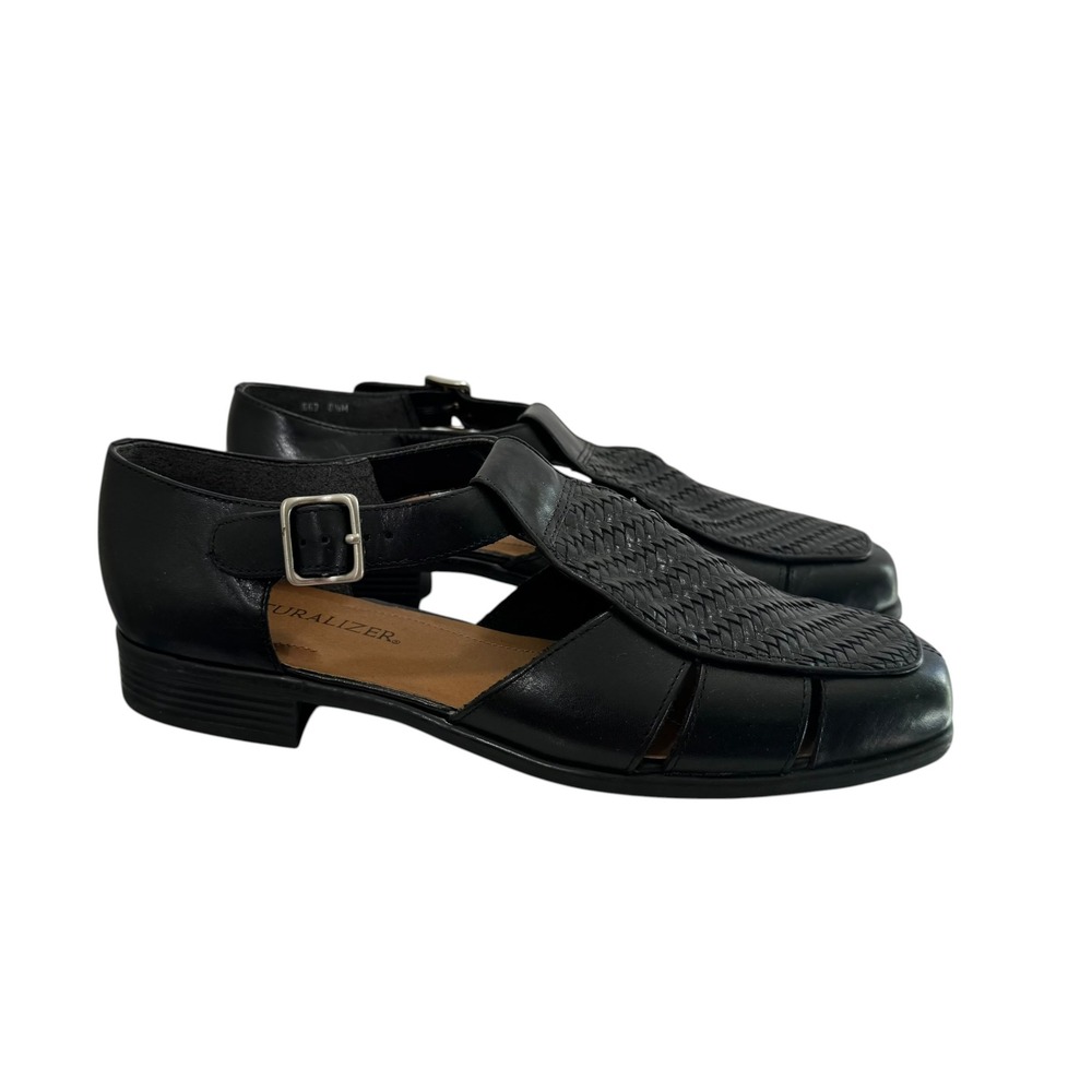 Naturalizer Womens Black Leather Woven T-Strap Fisherman Sandals Size 8.5M